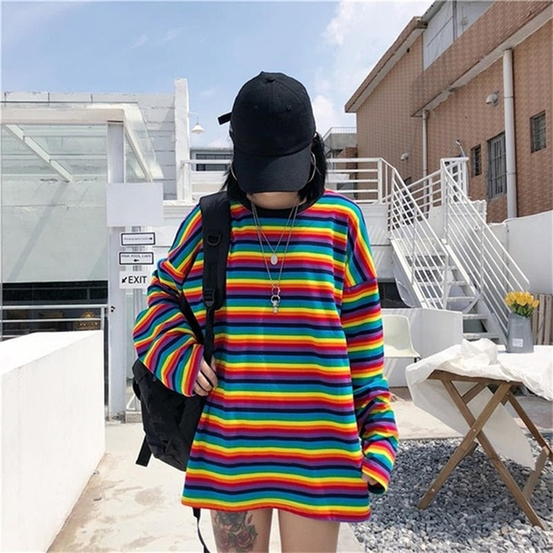 Bright Rainbow Striped Long Sleeves T Shirt