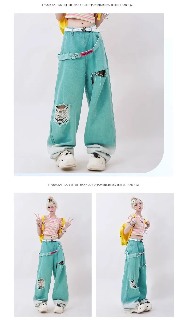 Korean Streetwear Baggy Jeans Teal Blue