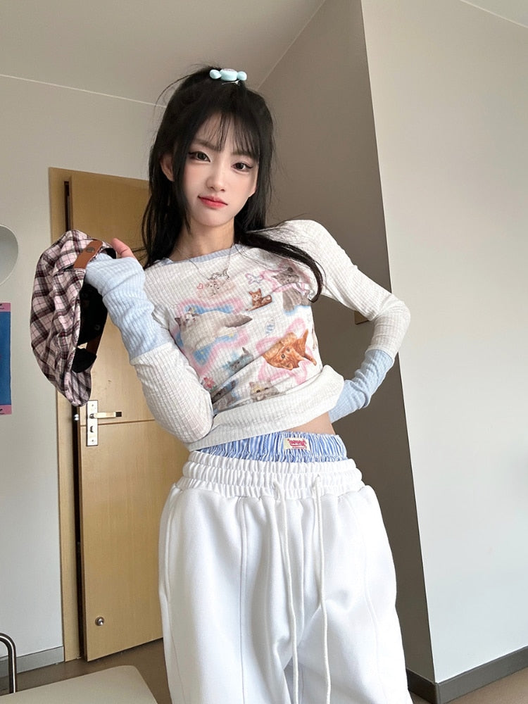 Kawaii Cat Print Long Sleeve Tee