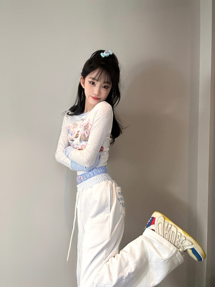 Kawaii Cat Print Long Sleeve Tee