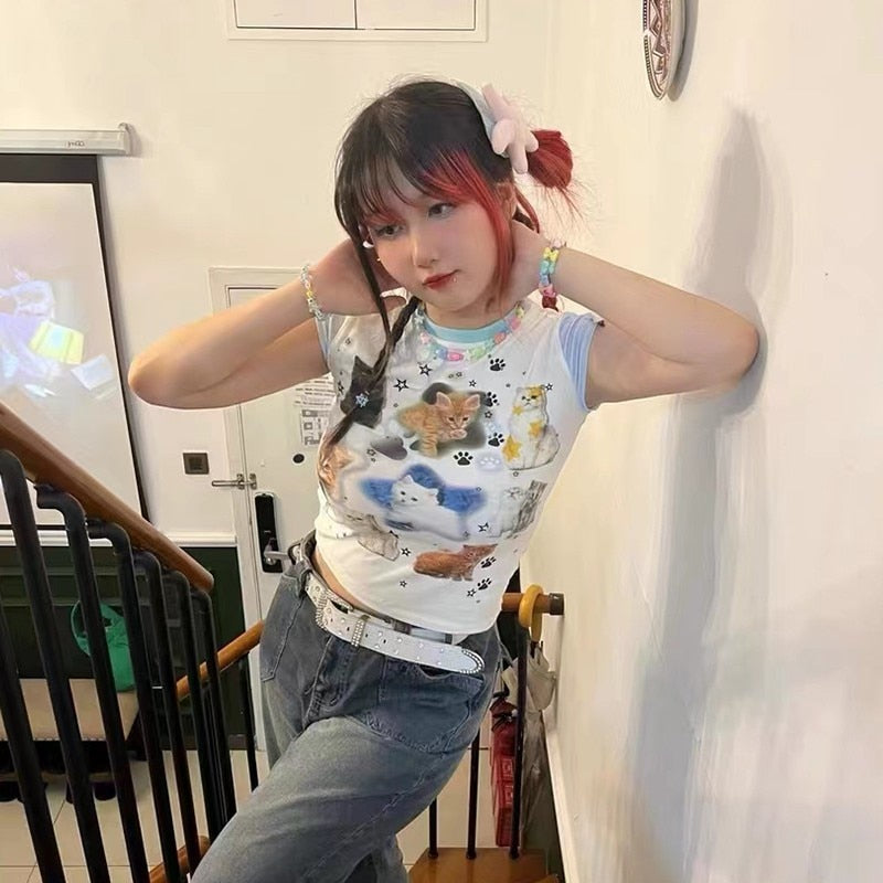 Cute Cats Aesthetic Crop Tee
