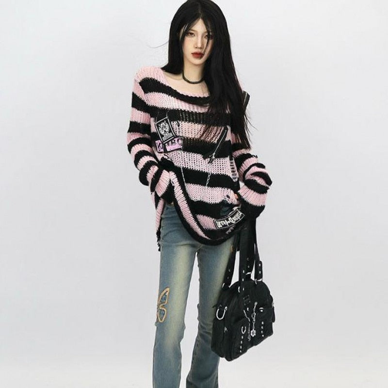 Black Pink Visual Kei Striped Sweater