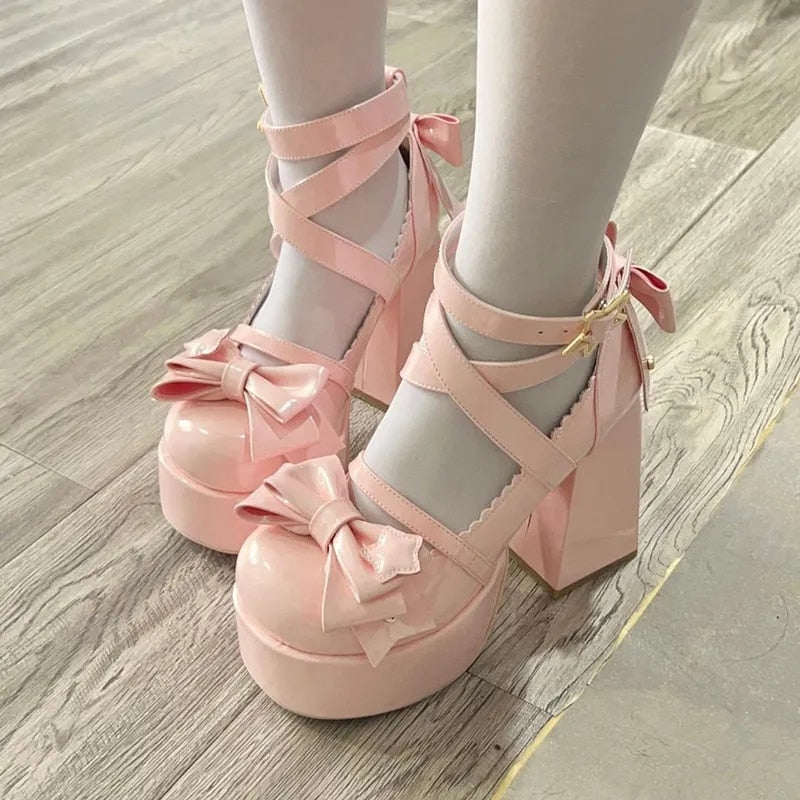 Sweet Bow Pink Mary Janes High Heels