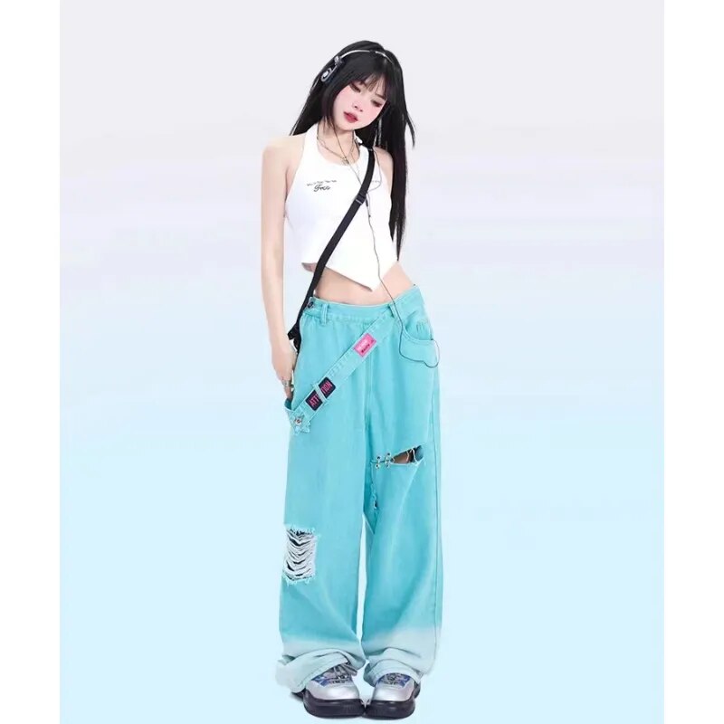 Korean Streetwear Baggy Jeans Teal Blue
