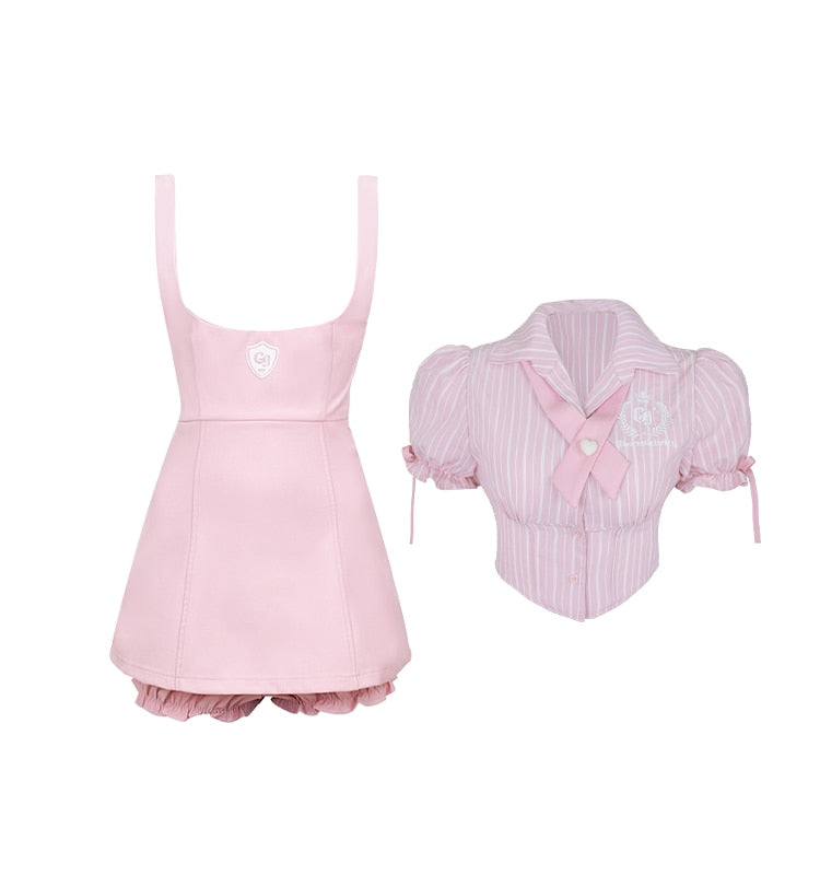 Sweet Girl Pink Blouse Suspender Dress Set