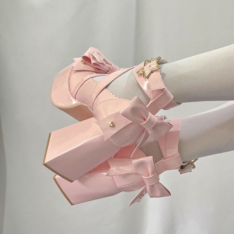 Sweet Bow Pink Mary Janes High Heels
