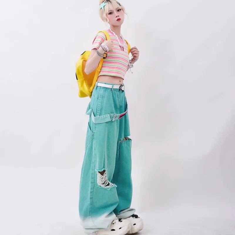 Korean Streetwear Baggy Jeans Teal Blue