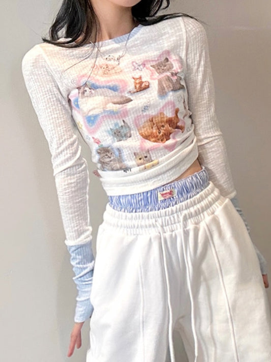Kawaii Cat Print Long Sleeve Tee
