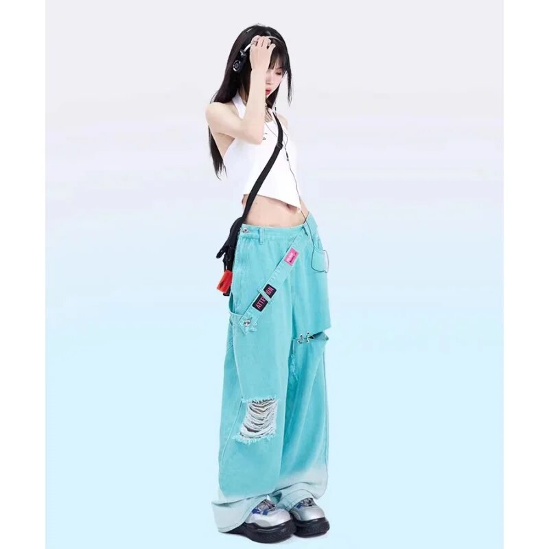 Korean Streetwear Baggy Jeans Teal Blue