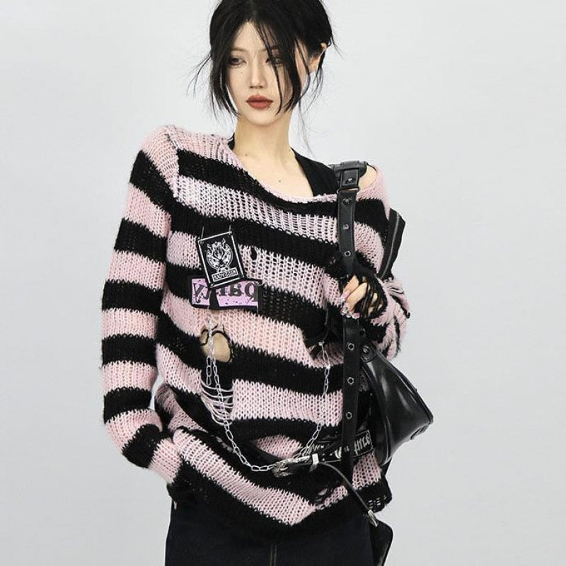 Black Pink Visual Kei Striped Sweater