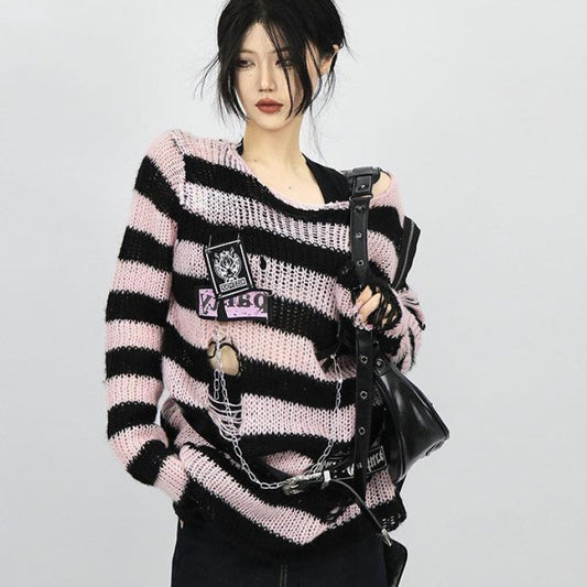 Black Pink Visual Kei Striped Sweater