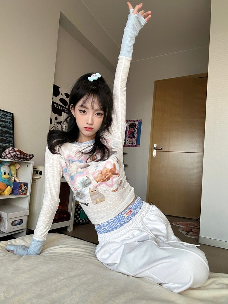 Kawaii Cat Print Long Sleeve Tee