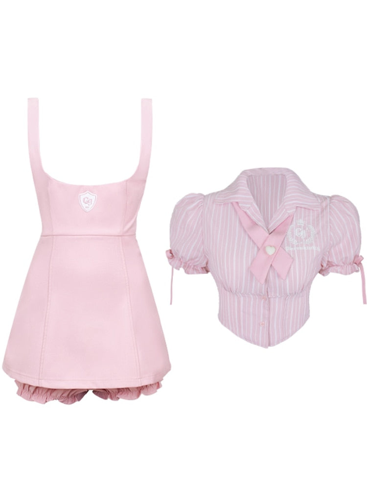 Sweet Girl Pink Blouse Suspender Dress Set