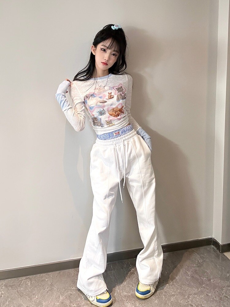 Kawaii Cat Print Long Sleeve Tee
