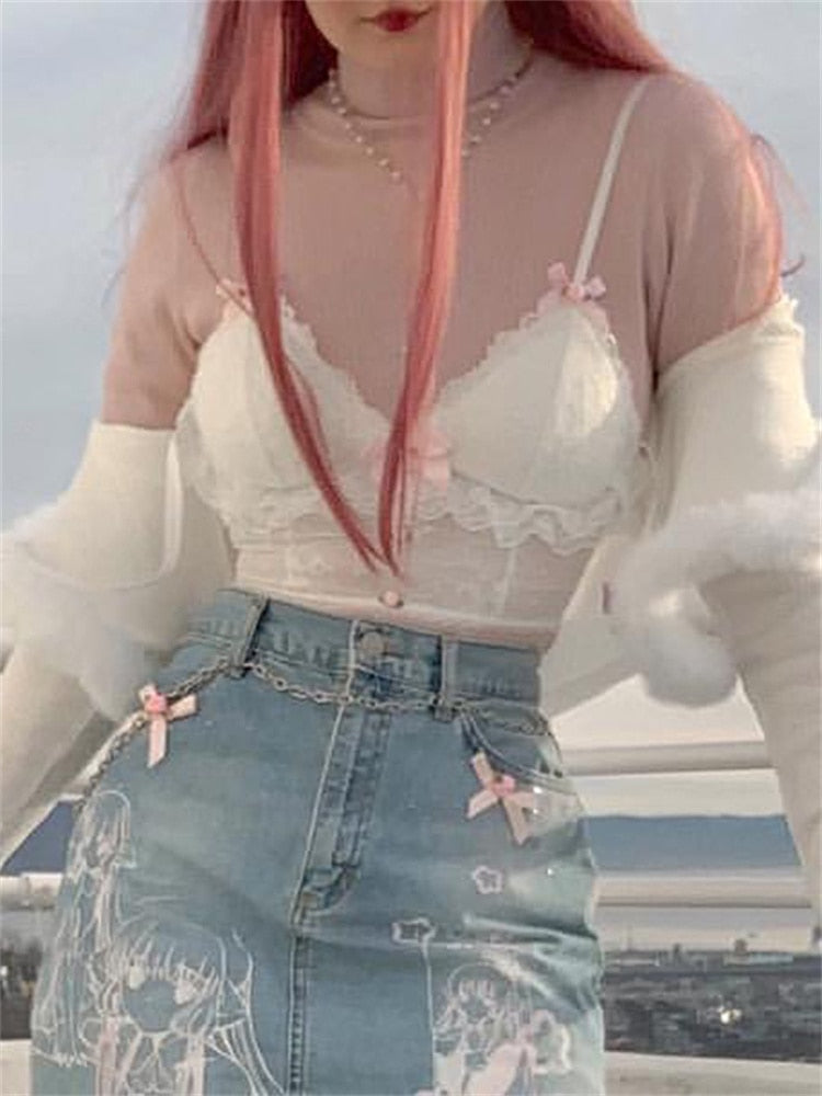 Dollette Lace Top Pink Ribbons