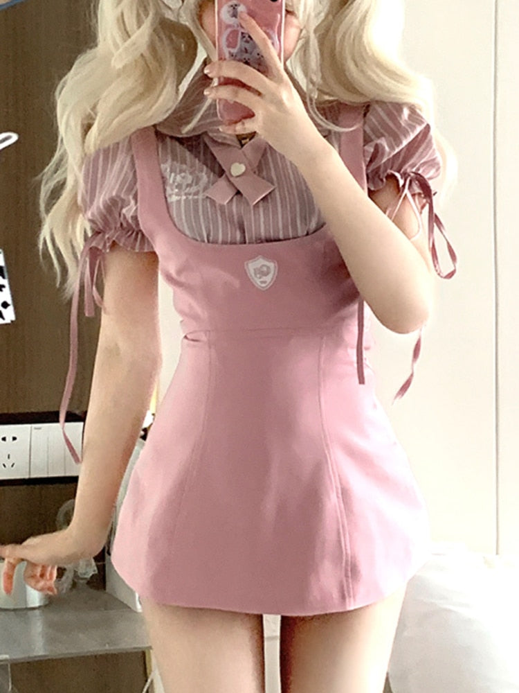 Sweet Girl Pink Blouse Suspender Dress Set