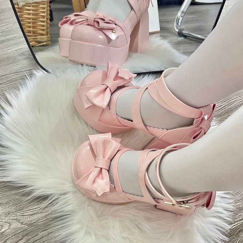 Sweet Bow Pink Mary Janes High Heels