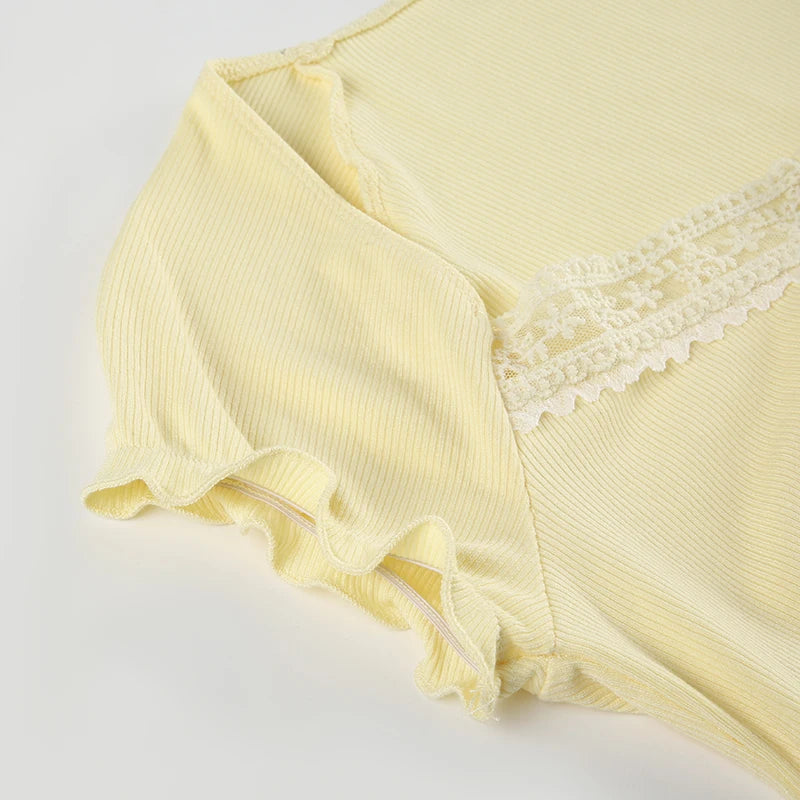Sweet Girl Summer Yellow Top Lace Trim