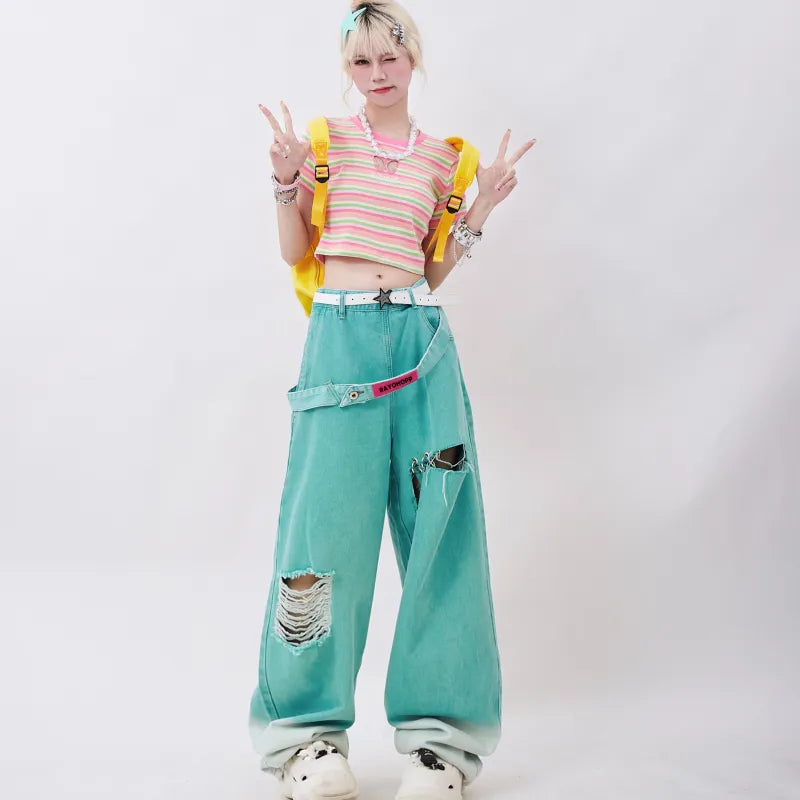 Korean Streetwear Baggy Jeans Teal Blue