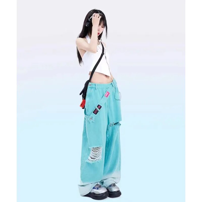 Korean Streetwear Baggy Jeans Teal Blue