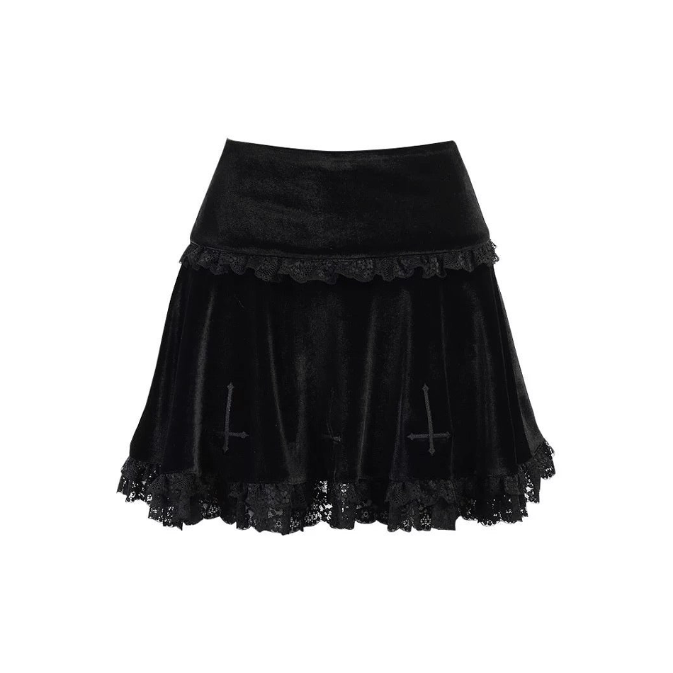 Velvet Cross Gothic Black Lace Skirt