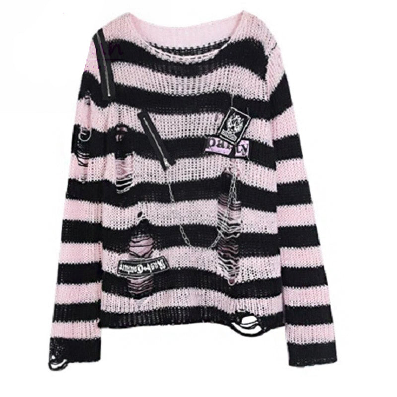 Black Pink Visual Kei Striped Sweater