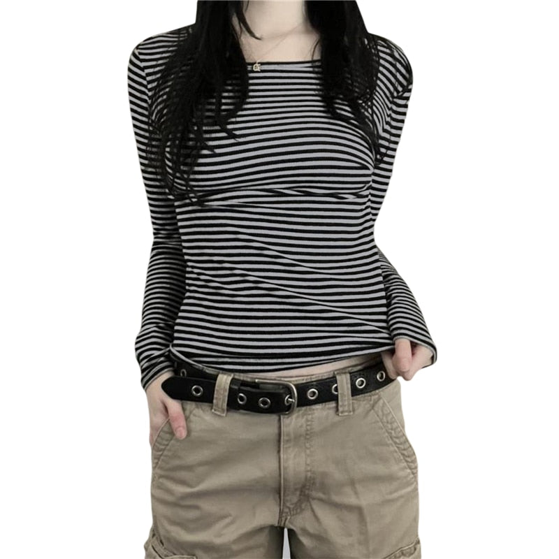 90s Grunge Striped Long Sleeves Top