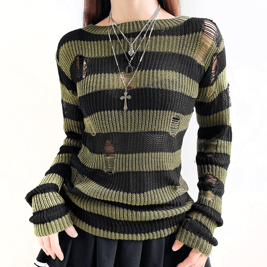 Grunge Distressed Green Striped Sweater
