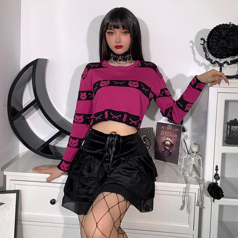 Neko Gothic Cat Rose Red Crop Sweater