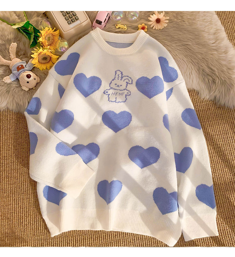 Kawaii Aesthetic Blue Bunny Hearts Sweater
