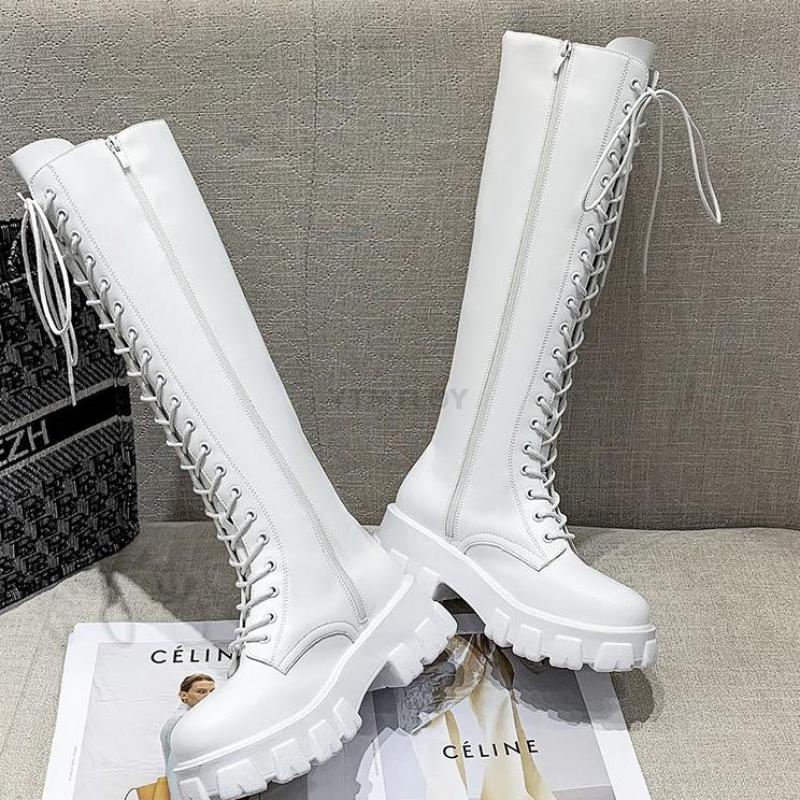 White Knee High Low Platform Boots