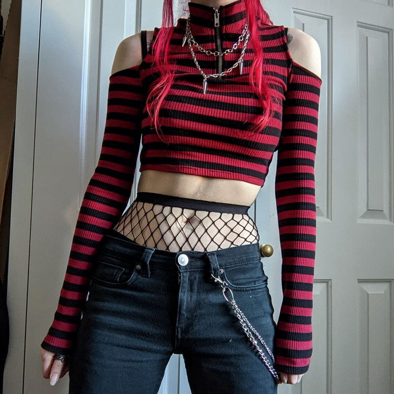 Dark Grunge E-Girl Striped Crop Top