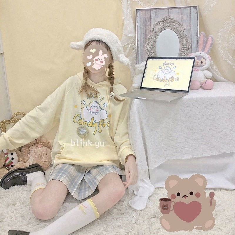 Kawaii Soft Yellow Hoodie Cute Sheep