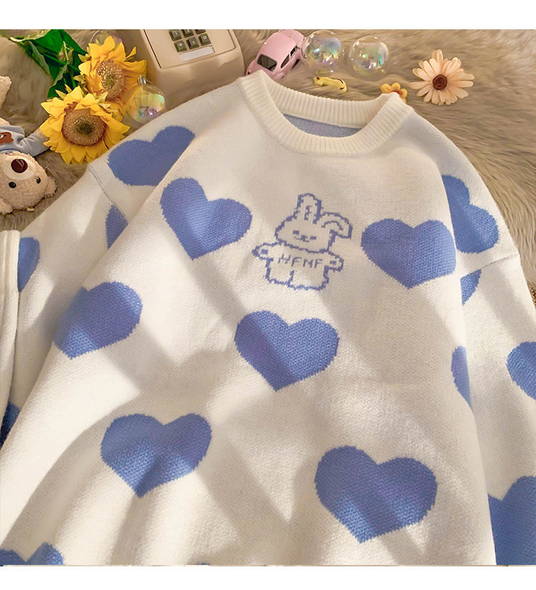 Kawaii Aesthetic Blue Bunny Hearts Sweater