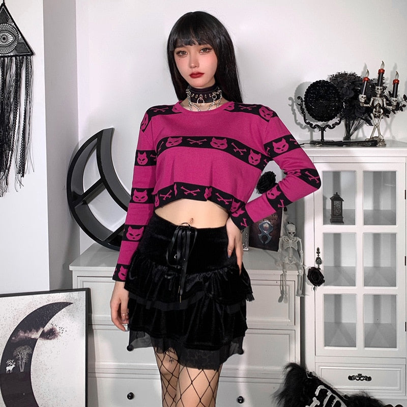 Neko Gothic Cat Rose Red Crop Sweater