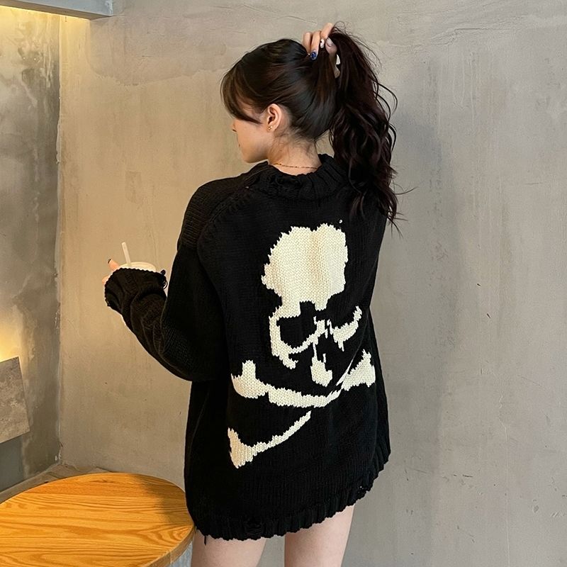 Gothic Skull Print Black Knitted Sweater