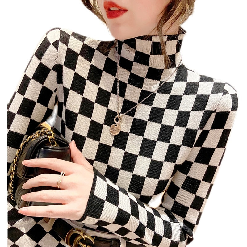 Aesthetic Checkerboard Knit Turtleneck Sweater