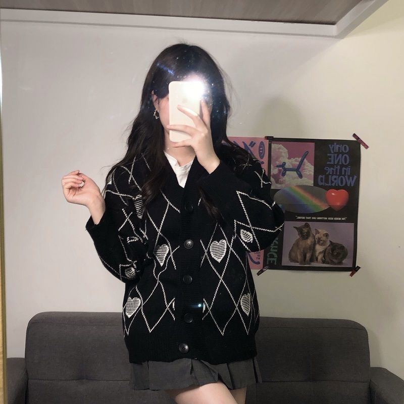 Knitted Cardigan Argyle Heart Sweater