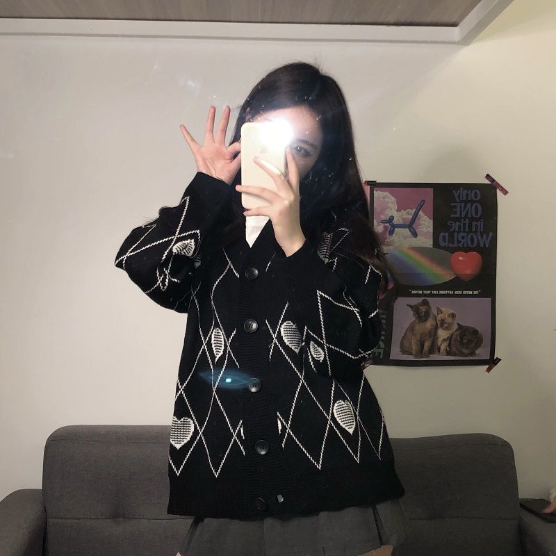 Knitted Cardigan Argyle Heart Sweater