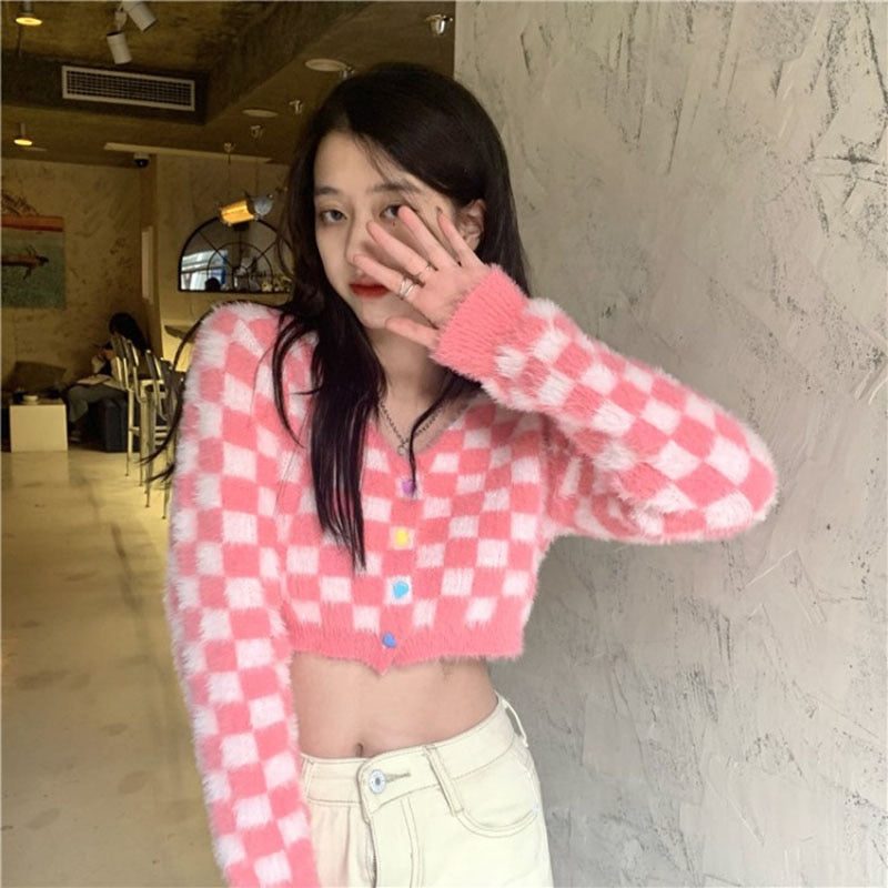 Pink Checker Knitted Cardigan