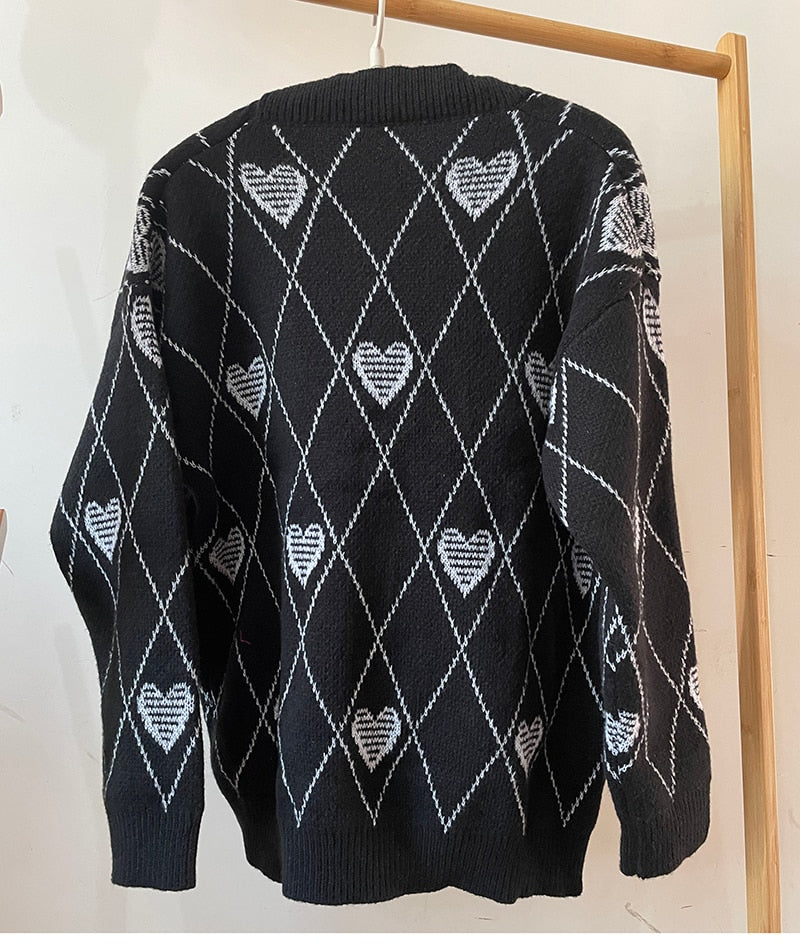 Knitted Cardigan Argyle Heart Sweater