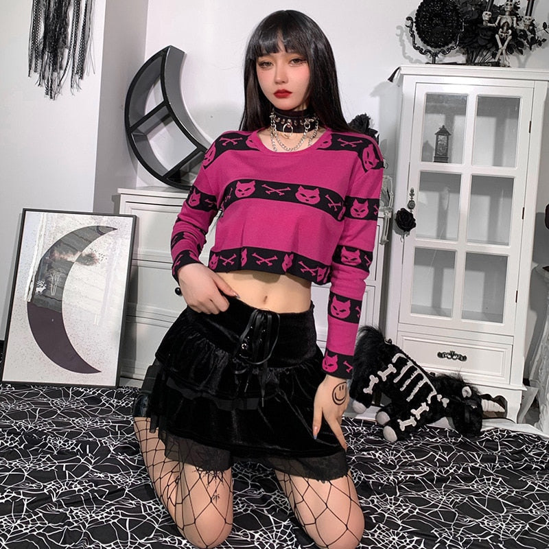 Neko Gothic Cat Rose Red Crop Sweater