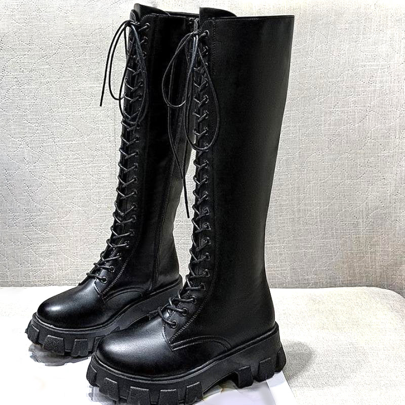Grunge Knee High Platform Boots Black