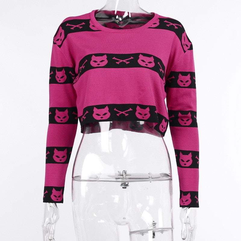 Neko Gothic Cat Rose Red Crop Sweater