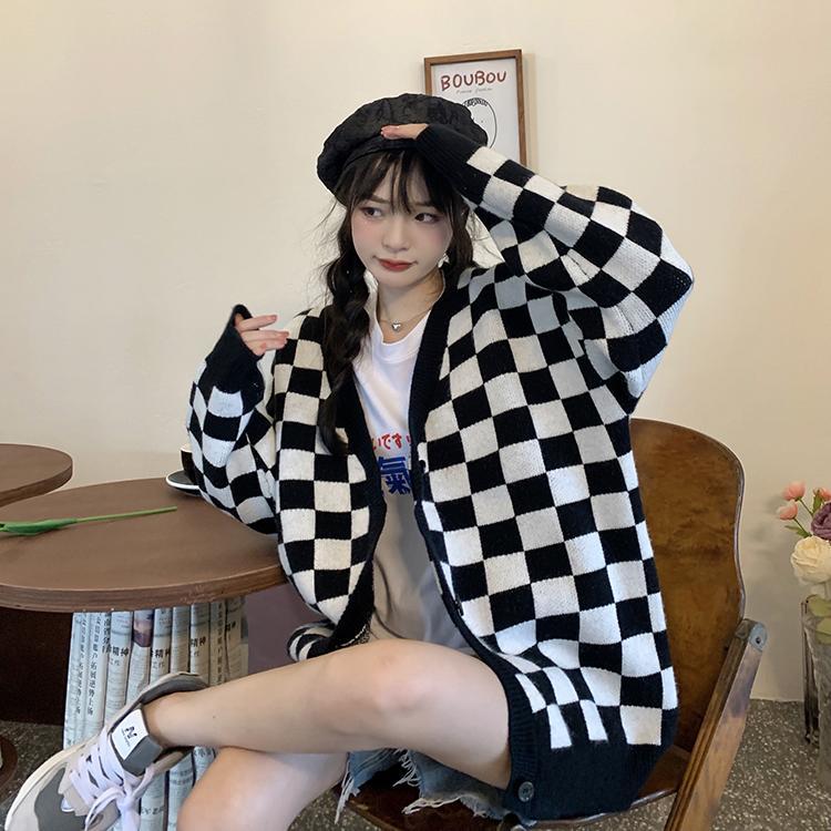 Checkerboard Knitted Long Sleeves Cardigan