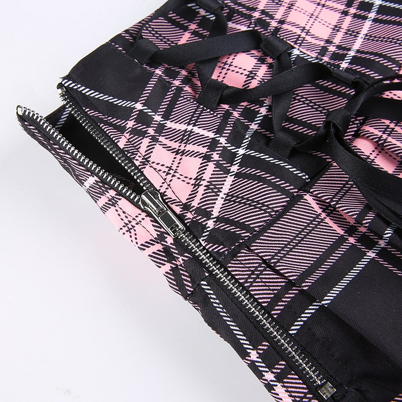 Dollette Goth Pink Plaid Pleated Skirt Lace Trim