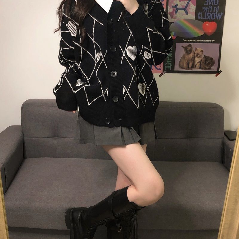 Knitted Cardigan Argyle Heart Sweater