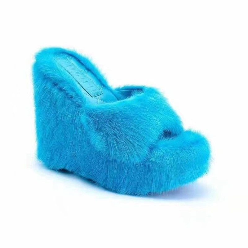Faux Fur Slippers Wedge Heels