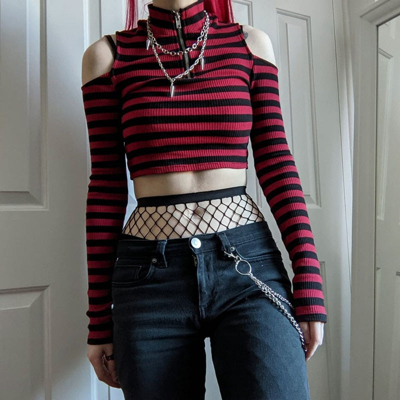 Dark Grunge E-Girl Striped Crop Top