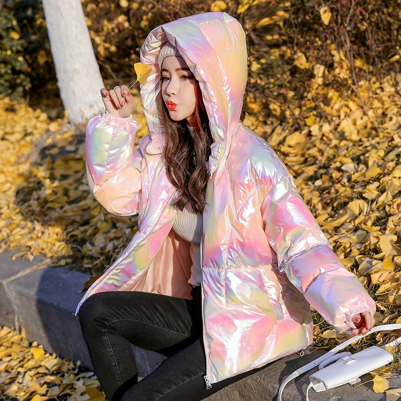Holographic Glossy Short Puffer Jacket